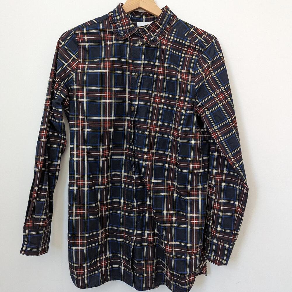 Ganni navy plaid button down shirt